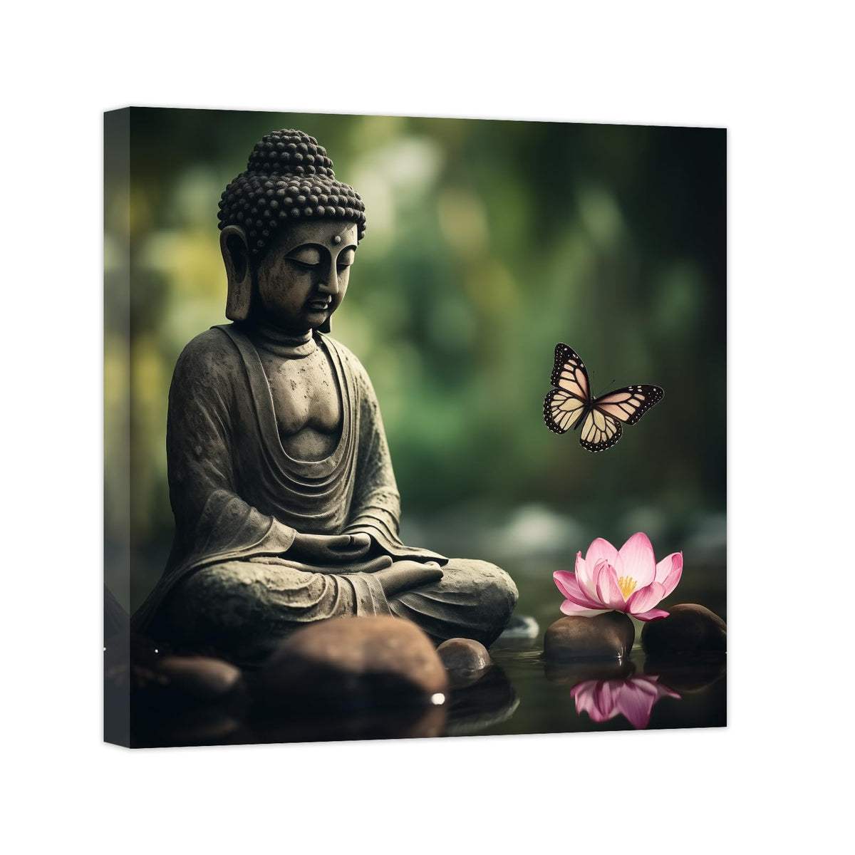 Green Zen Wall Art Buddha Pictures Lotus Flower Art Print With Butterfly Spa Artwork Canvas Calming Meditation Spiritual Bathroom Decor Framed (E / 24"L x 24"W)