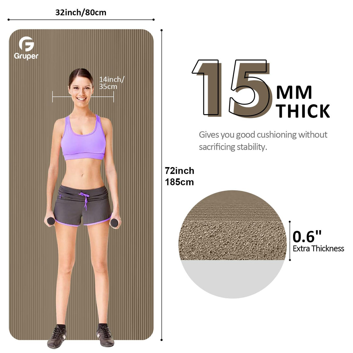 Yoga Mat Non Slip (Brown / 72 x 32 x 0.6 inches)
