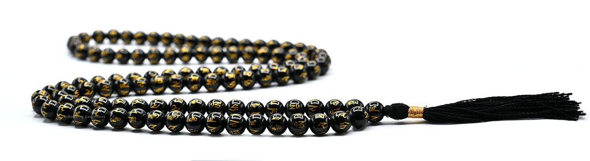 Black Agate Om Mani Padme hum Buddhist Prayer Beads Japa Mala with 108 Meditation Beads (Without Knots / Black Agate (Om))