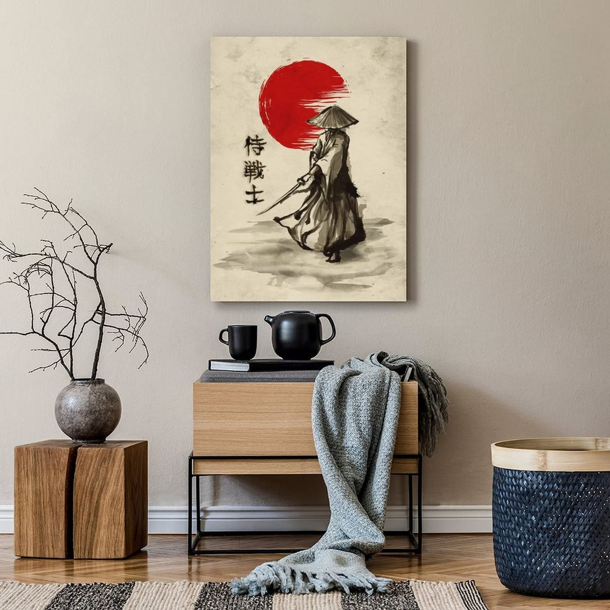 Japanese Samurai Posters Wall Art Samurai Character Red Moon Canvas Painting Home Decoration for Living Room Bedroom Unframed 24 x36 inches (36"L x 24"W / Unframe-5)