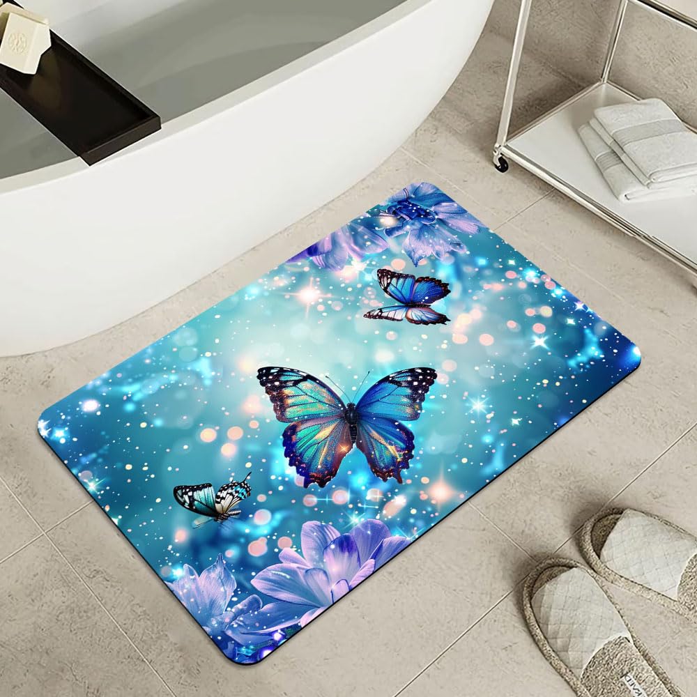 Bath Mat Bathroom Rug (Butterflies, Blue Glitter- / 1'8" x 2'8" (Rectangular))