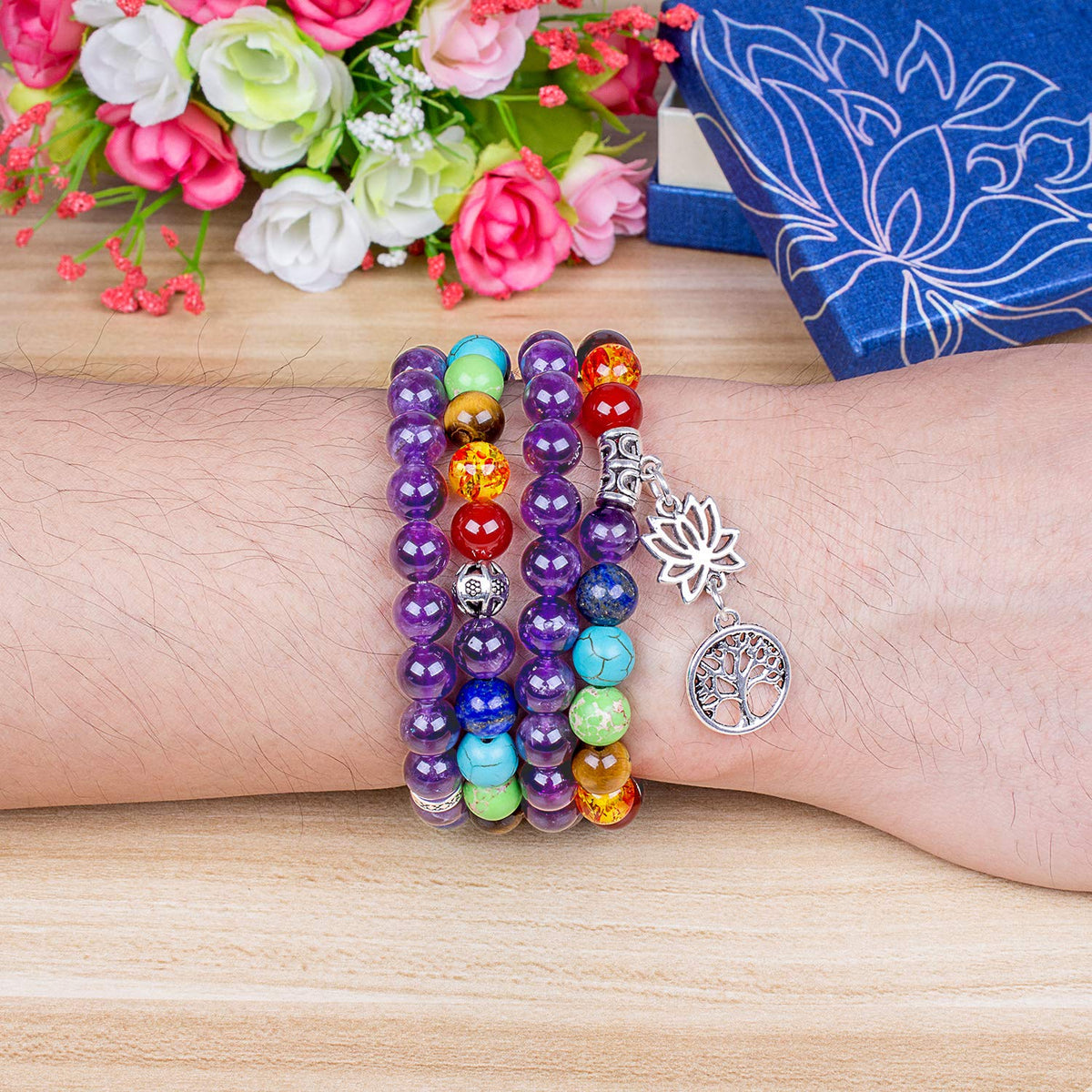 Necklace 108 Mala Beads Bracelet Buddhist Prayer Pendant Necklace (Amethyst-Lotus-Tree)