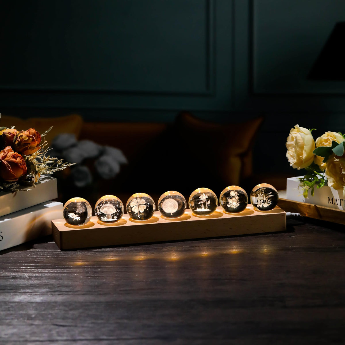 3D Crystal Ball Flower Decor Crystal Ball with Led Lamp Base (7pcs Plants)