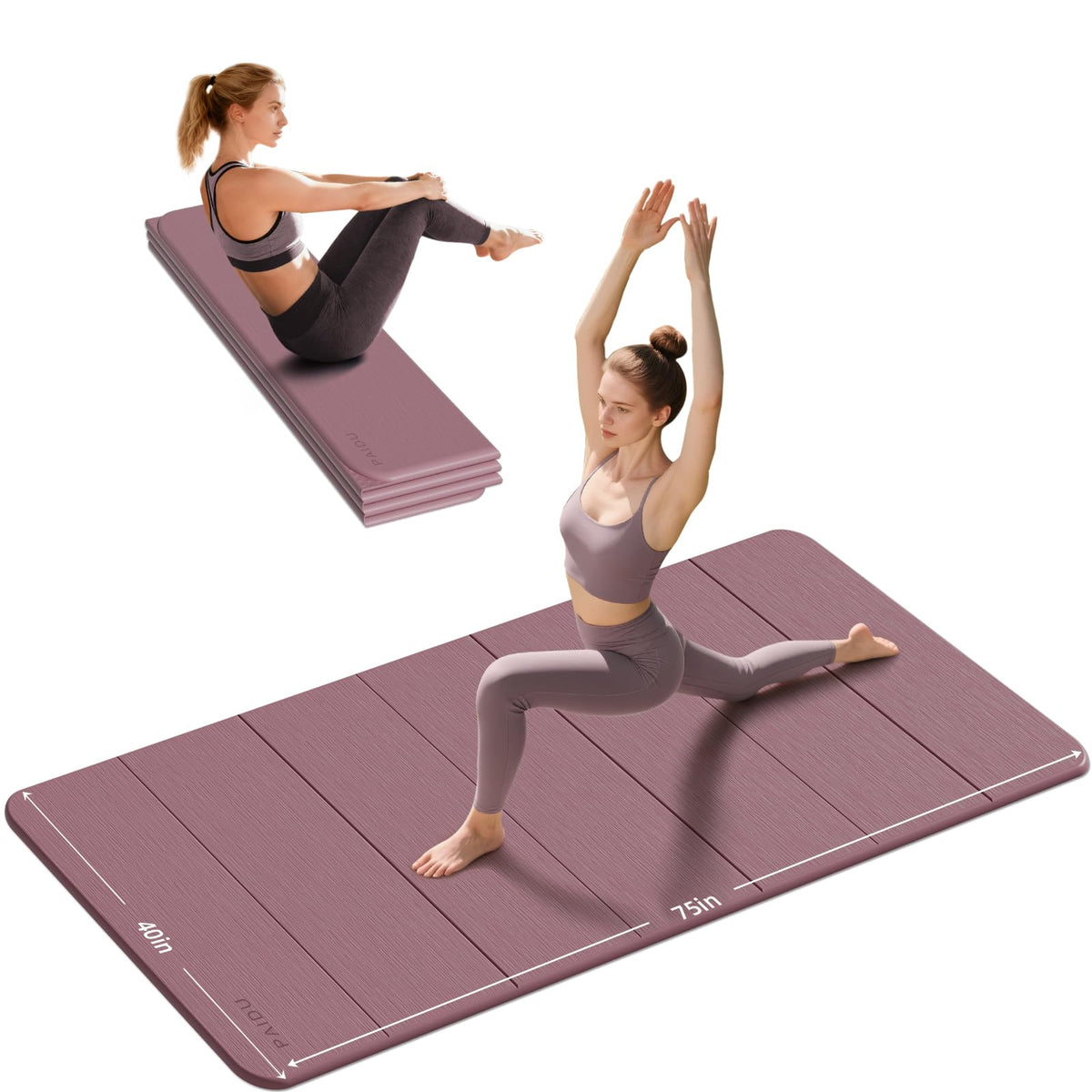 Foldable Yoga Mat 10MM Thick 75‘’x40‘“ Quick Fold Easy Storage (Deep Pink)