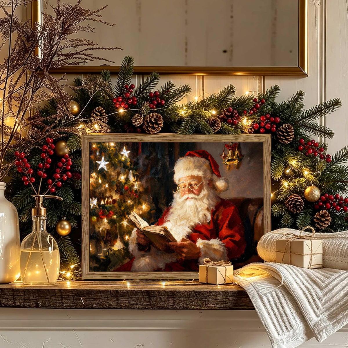 Vintage Christmas Canvas Wall Art (Santa Claus reading a book / 16"L x 12"W)
