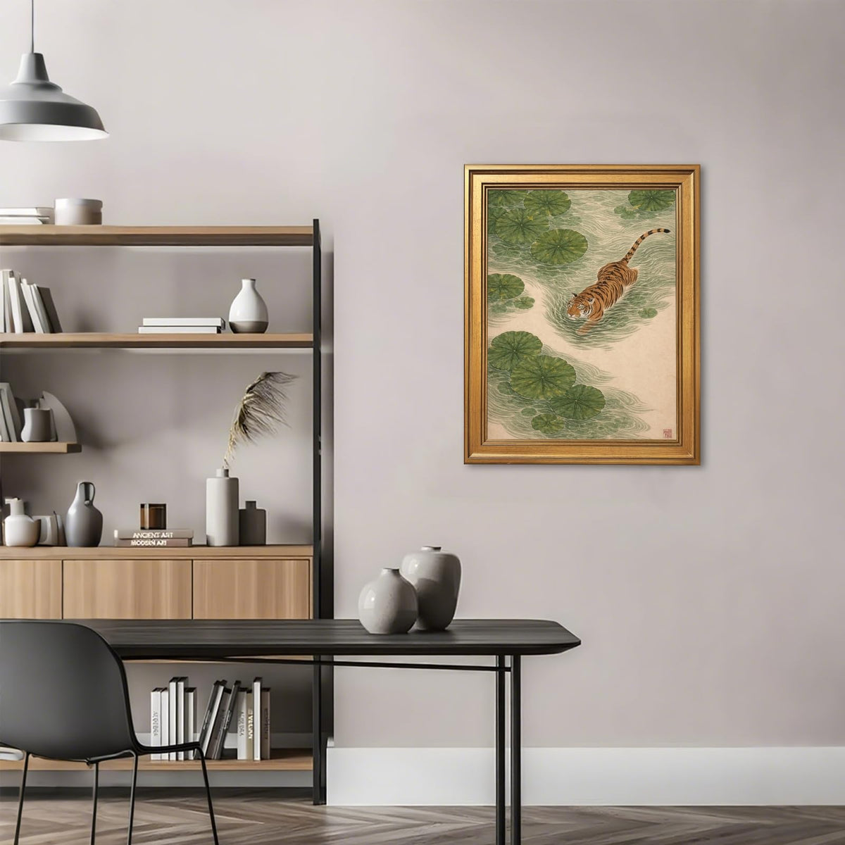 Japanese Tiger Wall Art Prints Vintage Asian Pond Painting Zen Nature Animals Posters Tiger in Lotus Pond Artwork Oriental Animal Nature Wall Decor for Living Room Bedroom 12x16inch Golden frame (style-5 Vintage Golden frame / 12"L x 16"W)