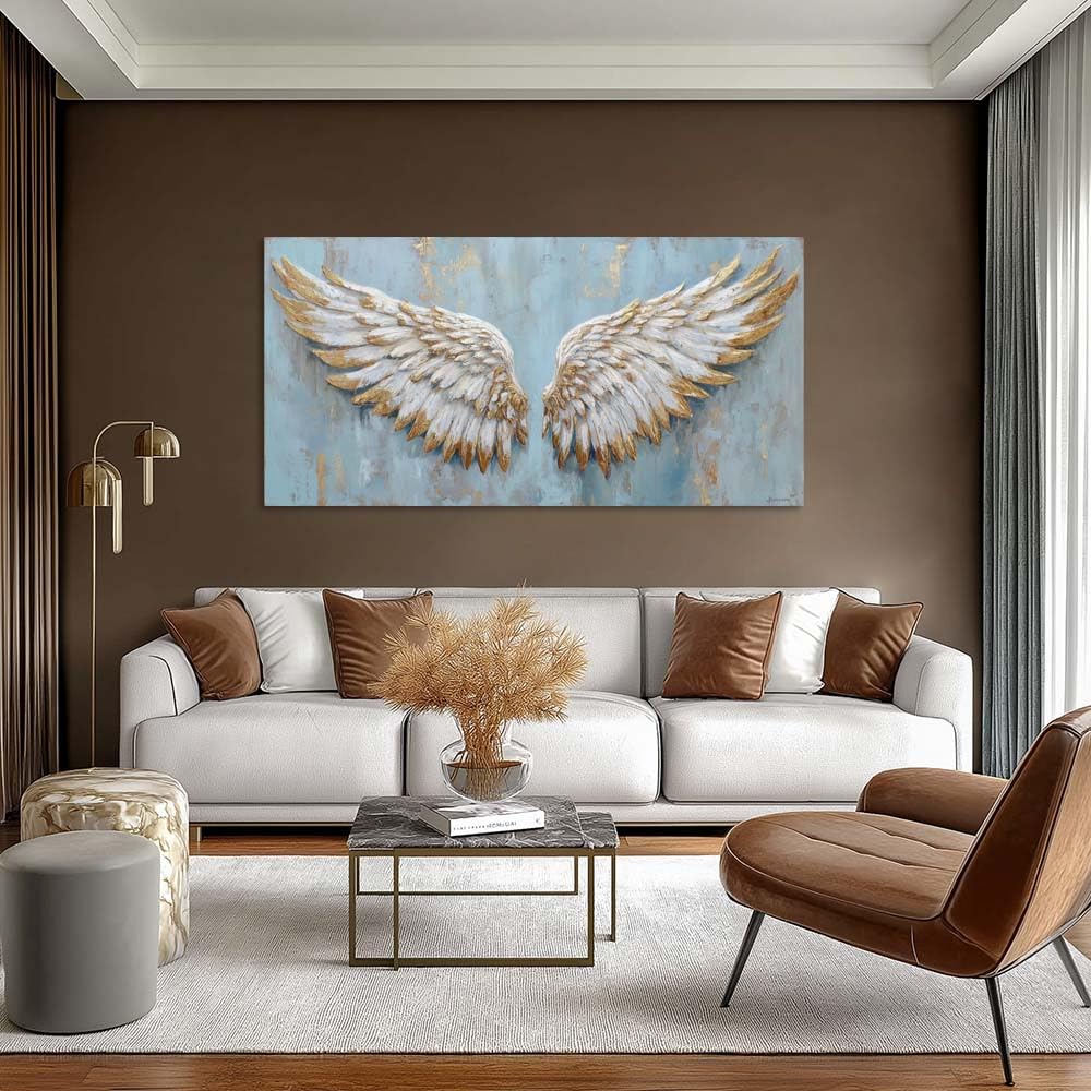 Angel Wings Canvas Wall Art Faux Gold Foil Light Blue Painting Flat Print Gallery Wrapped Spiritual Artwork for Living Room Bedroom Bathroom Decor (Retro / Angel Wings 32 / 40"L x 20"W)