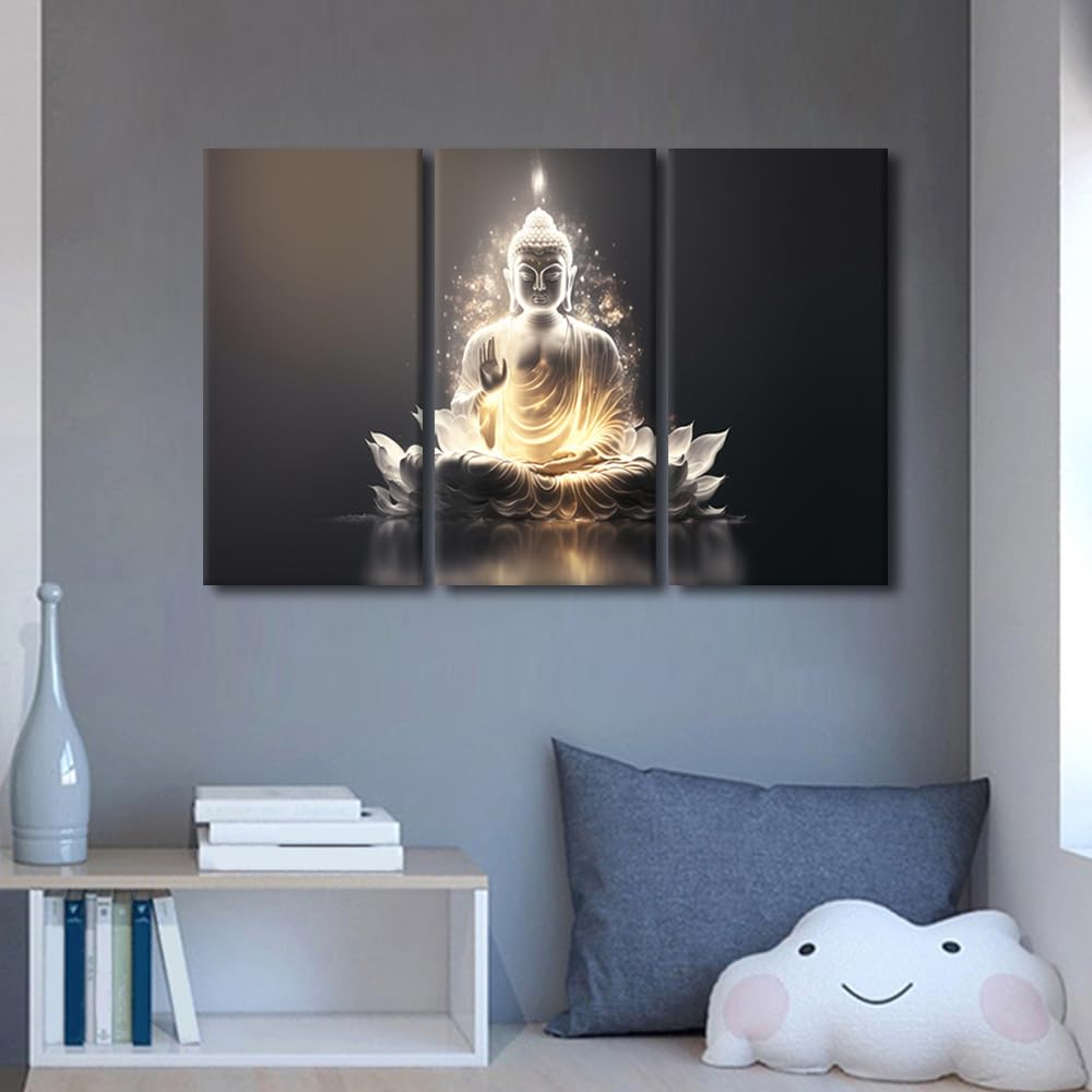 Buddha Canvas Wall Art Modern Black and White Canvas Decor Buddha Meditates Poster Prints on Canvas 3 Panel Home Wall Decor for Living Room Bedroom Wall Decoration Stretched Ready to Hang 42x28 in (42x28 in / 3PANEL-03)