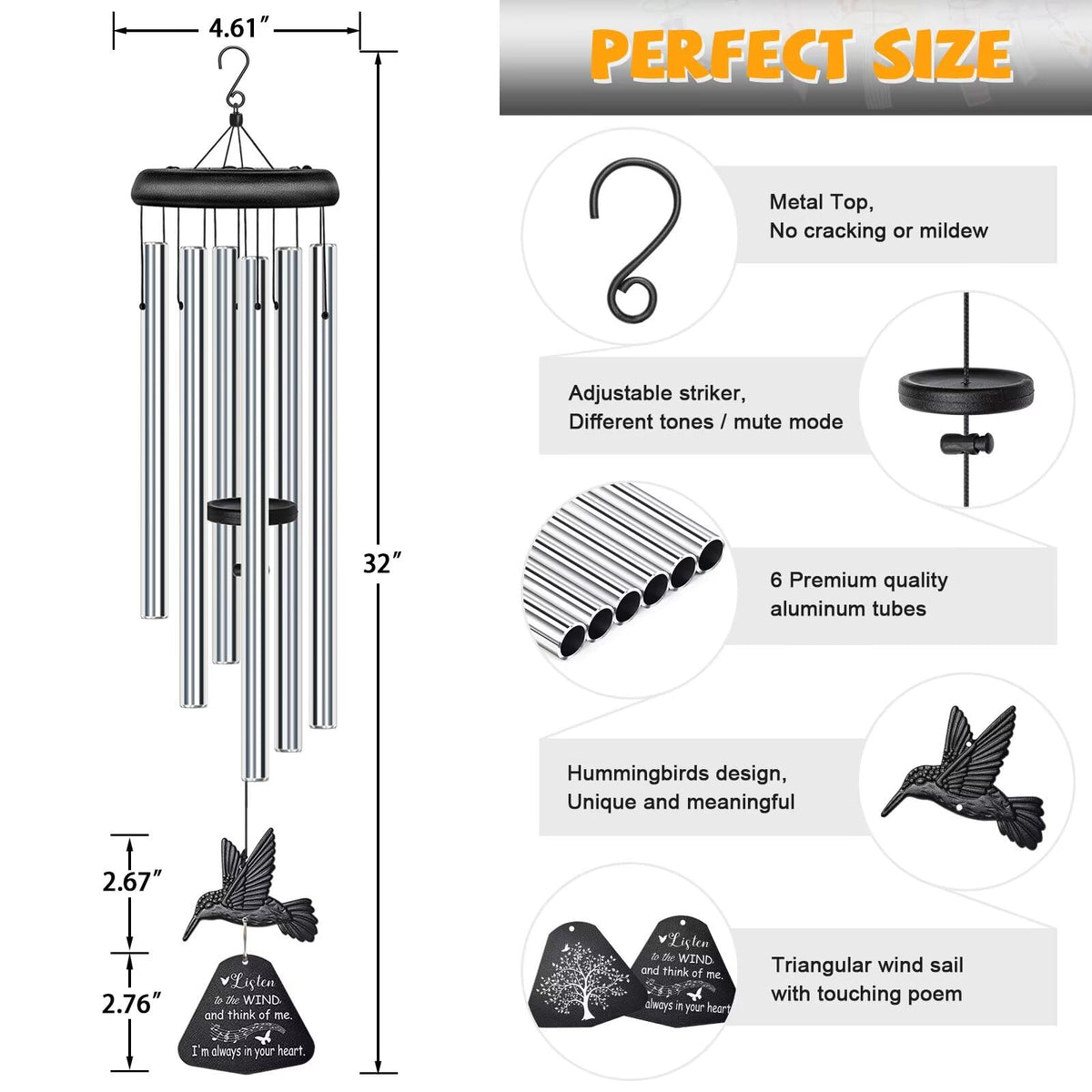 Sympathy Wind Chimes for Outside Deep Tone (Silver Hummingbird)