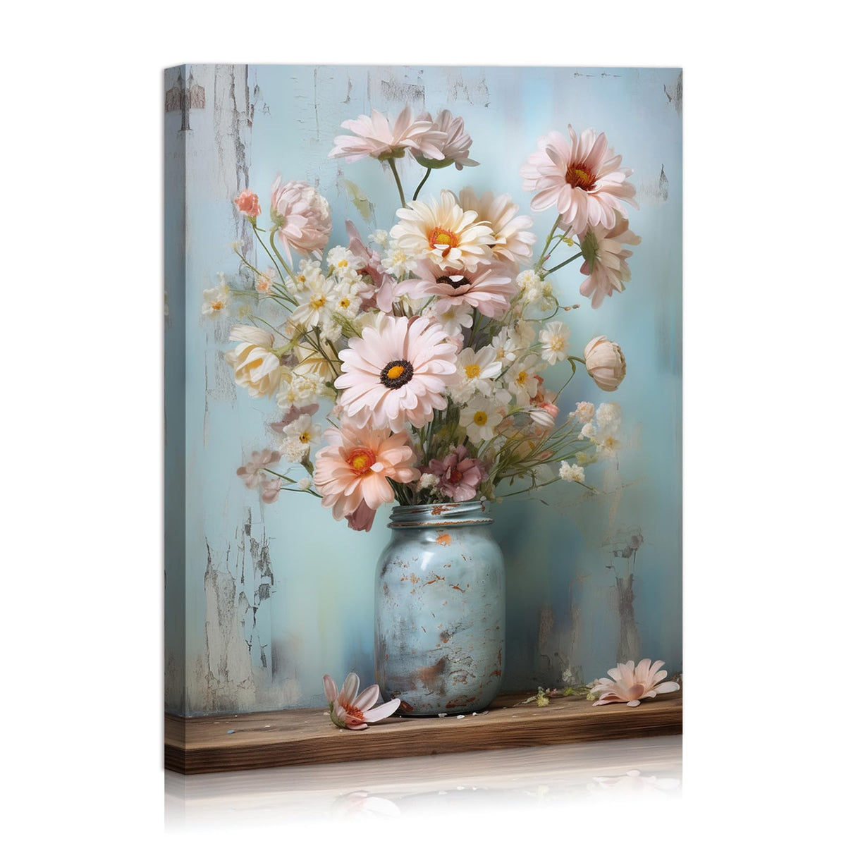 Flower Wall Art Room Decor Pink Flower in Vase Wall Painting Framed Canvas Wall Art for Living Room Bedroom Home Decorations Framed Ready To Hang (36"L x 24"W / Blue Vase)