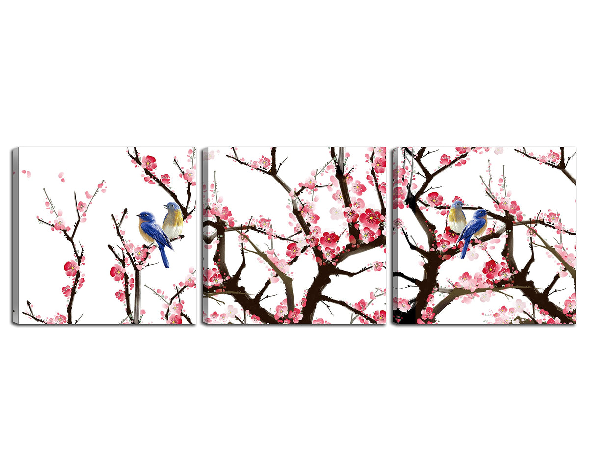 Small Size Traditional Chinese Painting of Birds on Peach Trees Canvas Prints 3 Panels Wood Framed Peach Blossom Wall Art Plum Flowers Print Painting 12x12inches 3pcs (Pink / 12x12 inches (3 pieces))