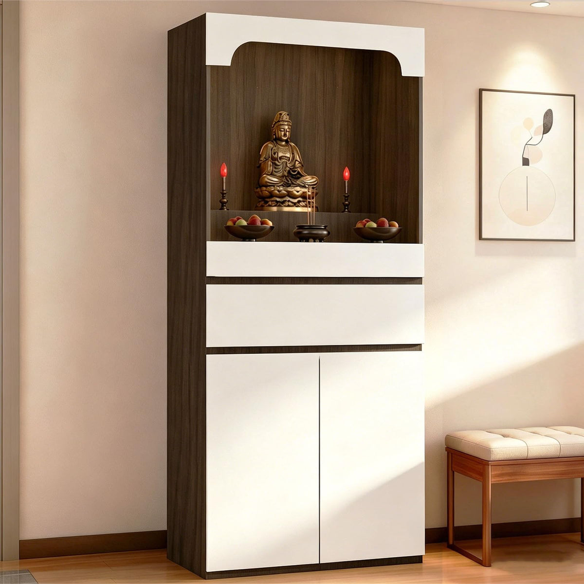 Altar Table Pooja Cabinet with Drawers and Storage Cabinets (31.5×15.7×65.4in / White + Light Brown Natural Wood)