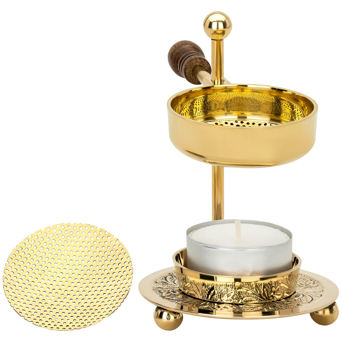 Handcrafted Adjustable Resin Incense Burner in Golden Brass with Wooden Handle (Gold Wooden Handle)