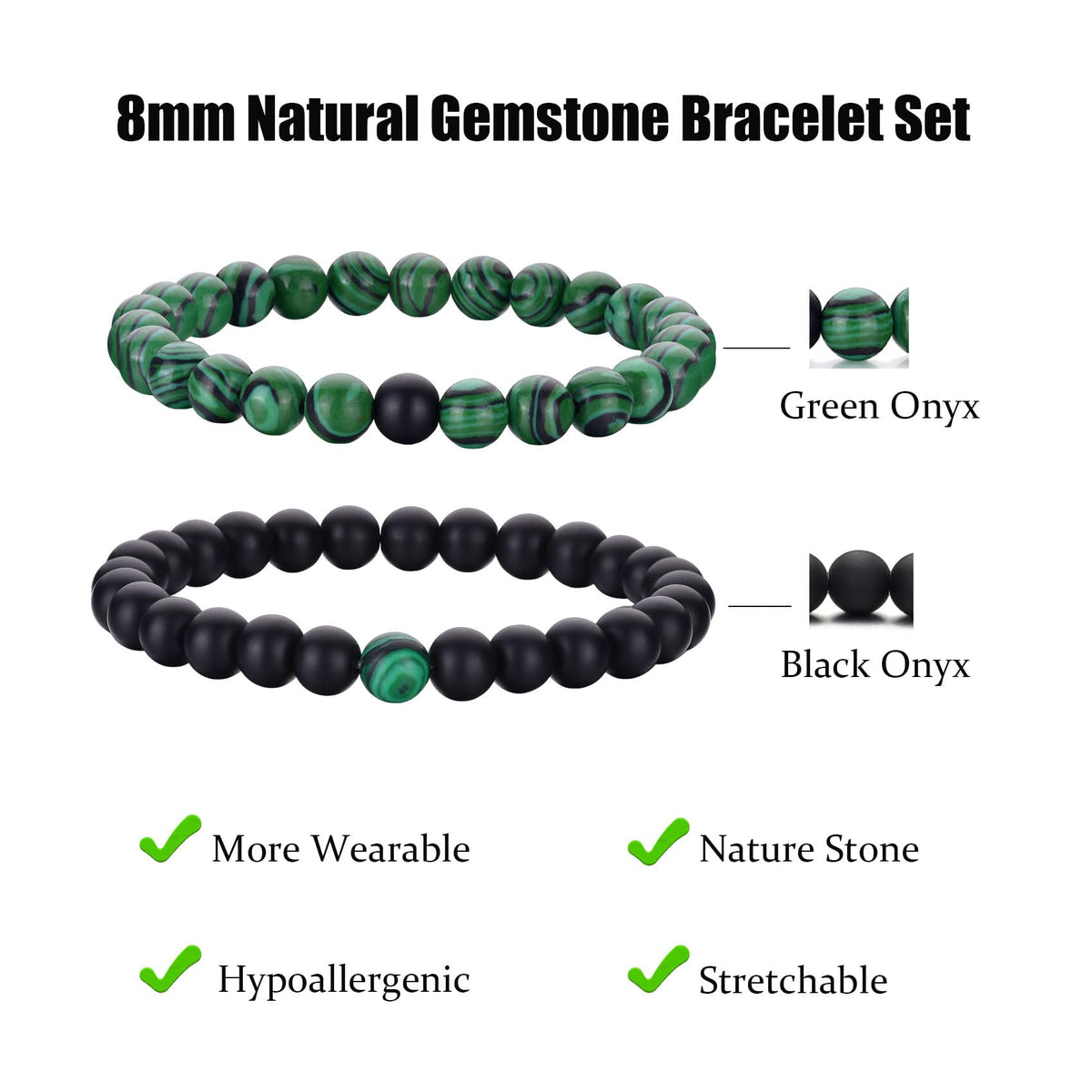 Mens Bracelets 8MM Natural Stone Beads Bracelet Set Stretch Adjustable Beaded Bracelets for Men (2,green,black)