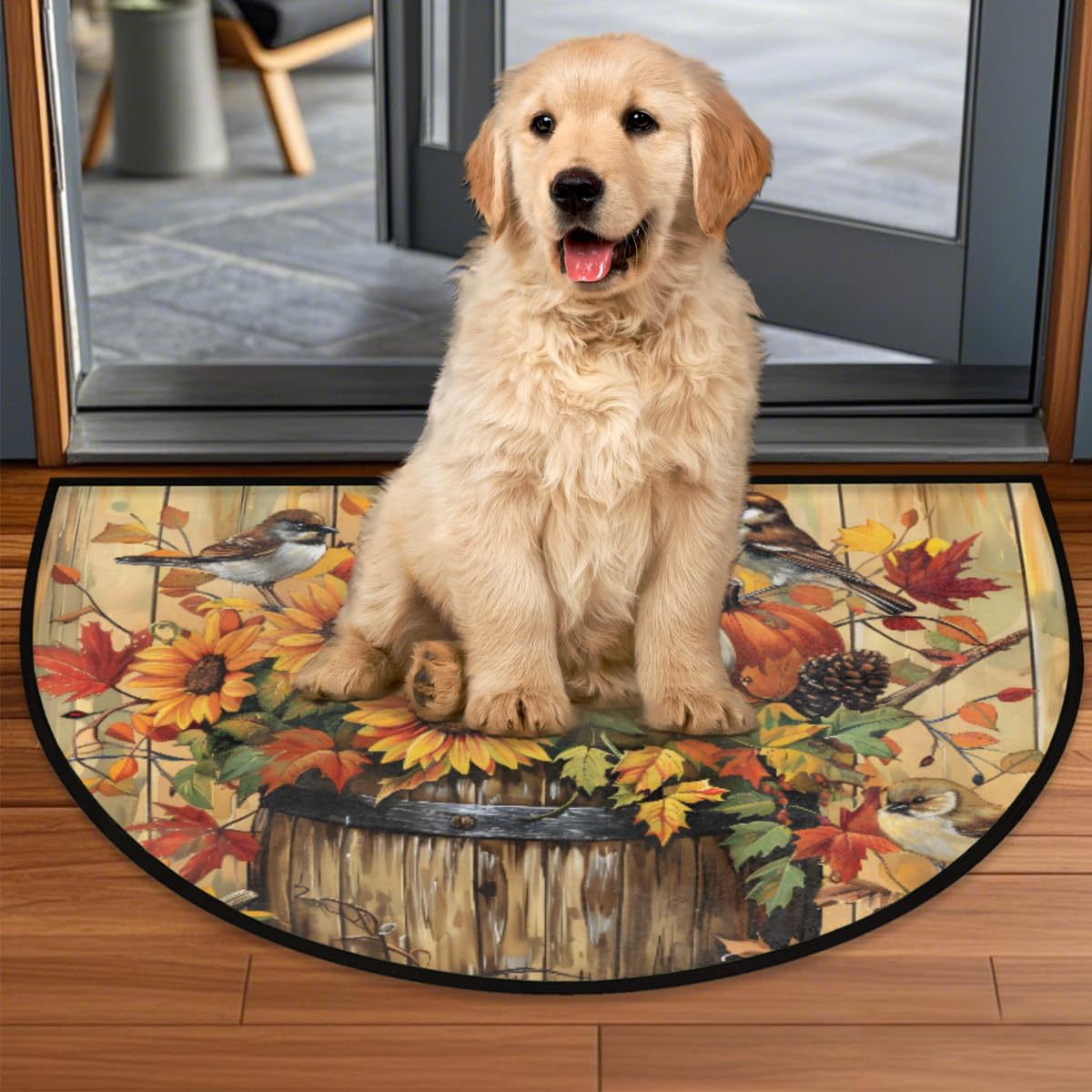 Autumn Bird Half Round Door Mat Indoor Entrance Semi Circle Area Rugs (E Retro Wooden Fall Bird)