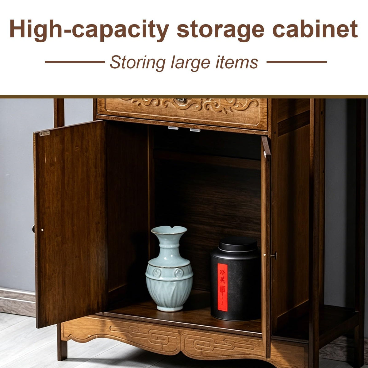 Wooden Meditation Shrine Desk with Storage Cabinet and Drawer (Red / L39.4in/100cm)