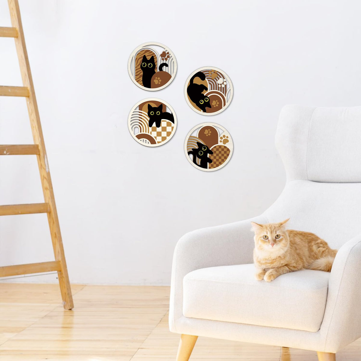 Boho Black Cat Wall Art Geometric Black Cats Hanging Sign (4pcs Boho Black Cat Wall Art)