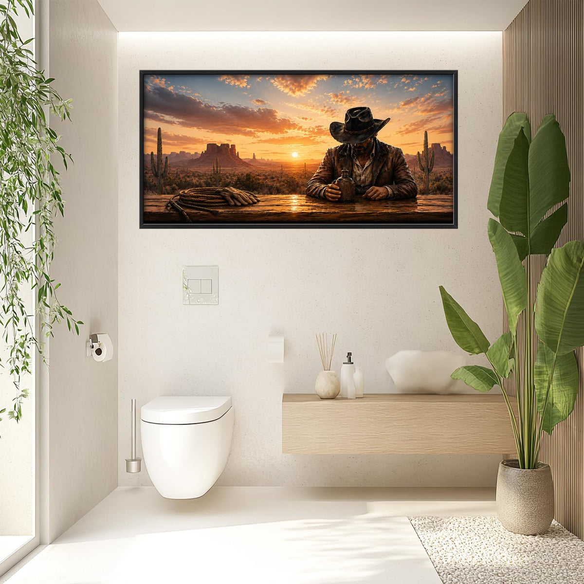 Large Framed Western Cowboy Wall Art Coffee Sunset Decor 60"x30" (Western Cowboy / 60"L x 30"W)