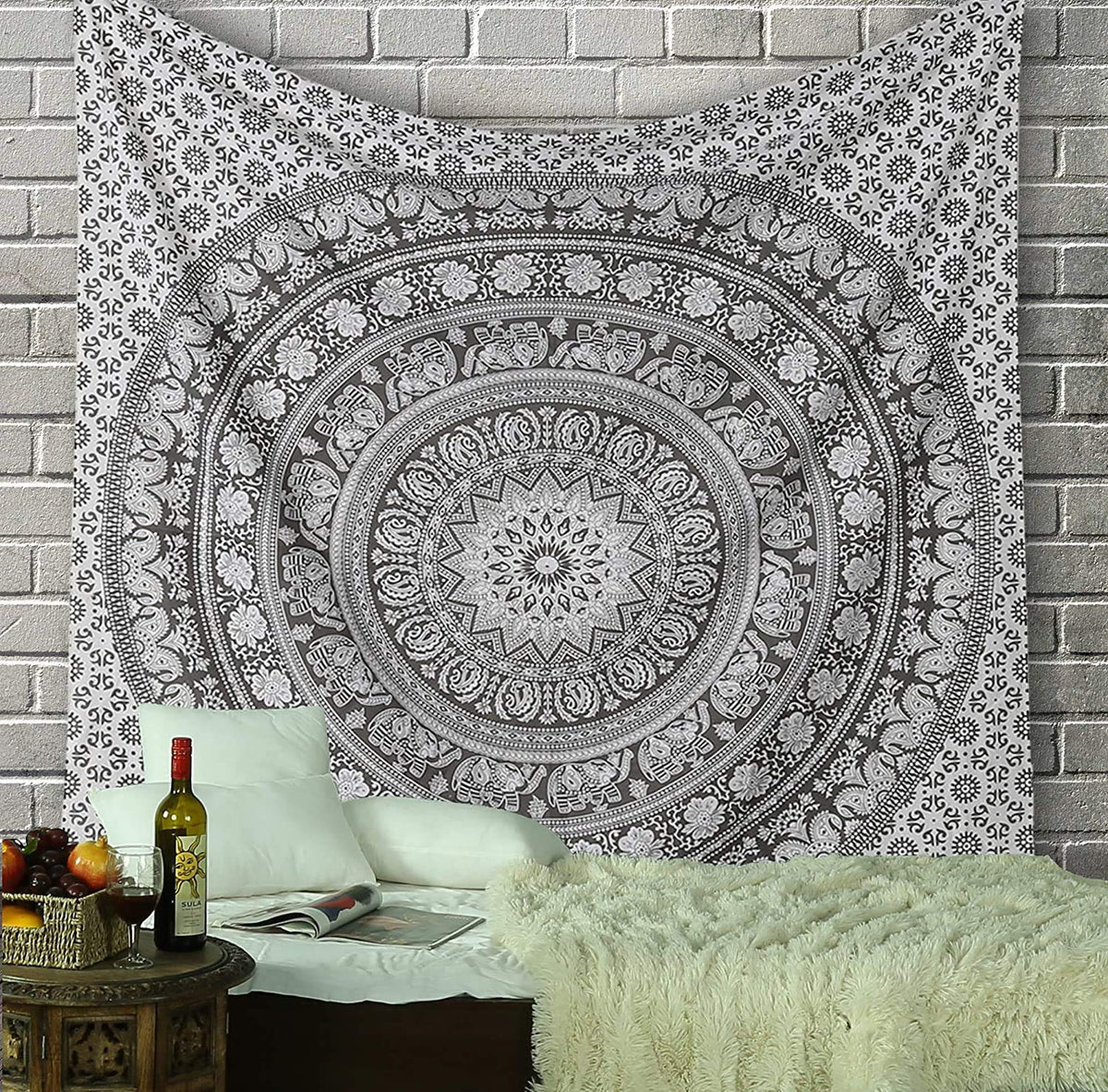 Cotton Pebble grey Tapestry for Bedroom Elephant Mandala Wall Hangings Large Indie Wall Tapestry Hippie Room Decor (Pebble grey / 90"L x 84"W)