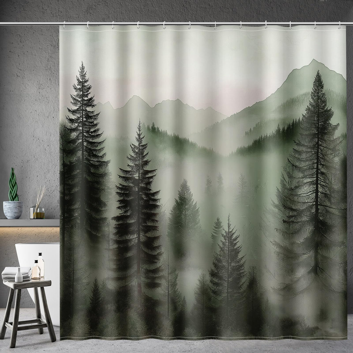 Misty Forest Shower Curtain Pine Tree Mountain Landscape Green Nature Zen Style Ombre Foggy Woodland Art Bathroom Decor Bathtub Curtain Fabric Shower Curtain Set with 12 Hooks (Misty Mountain Forest / 72"W x 72"L (Pack of 1))