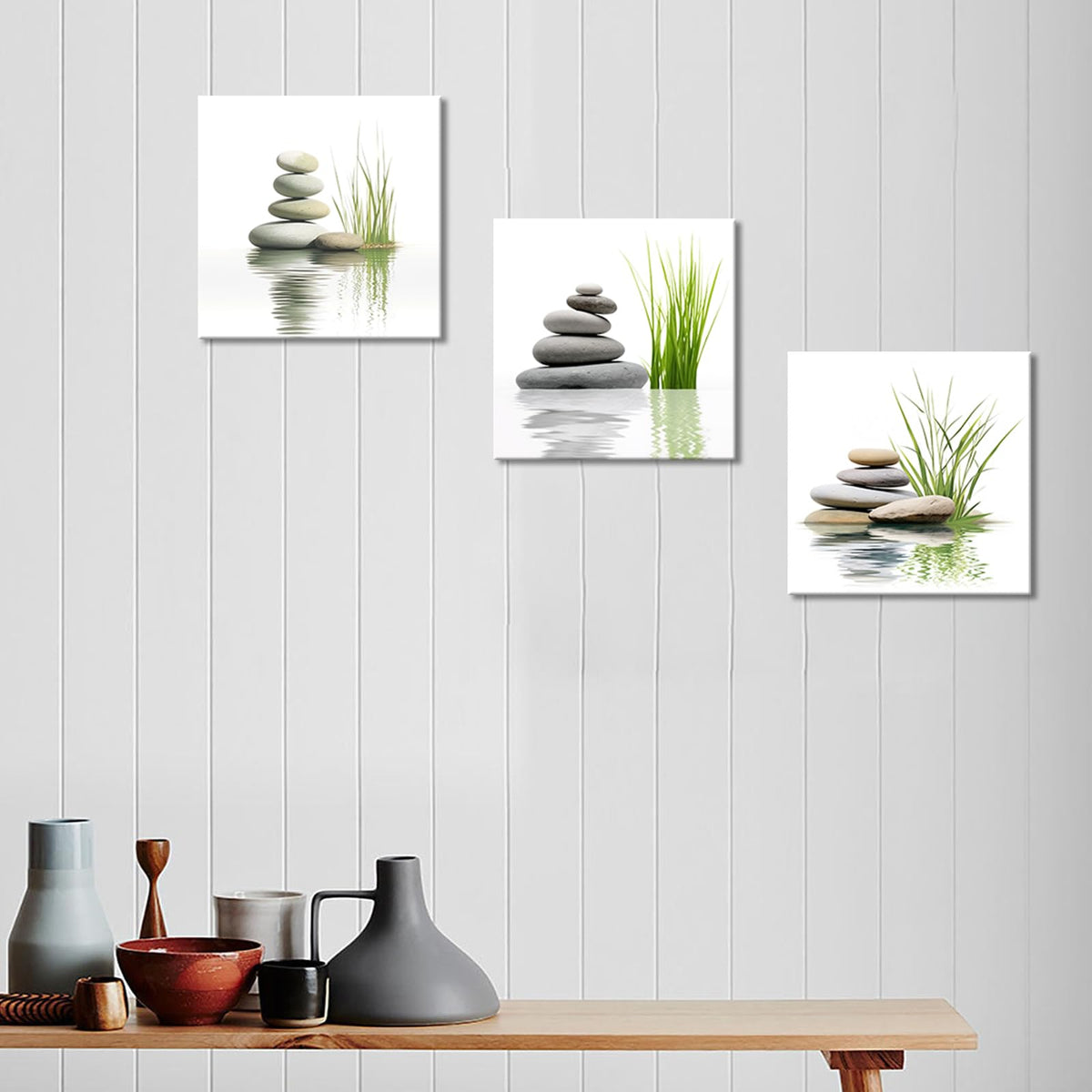 Set of 3 Zen Wall Art for Bathroom Spa Zen Stone with Aquatic Pictures Print Zen Pebbles Painting Giclee Walls Relaxing Artwork for Office Yoga Study Room Decor (Zen 01 / 8"L x 8"W)