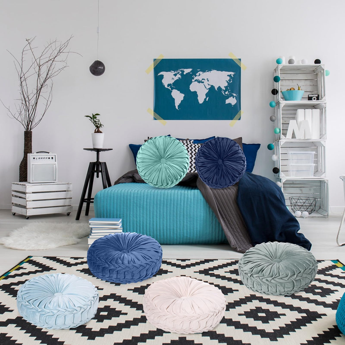 6 Pcs 15" Round Velvet Floor Cushions for Kids (Blue Color)