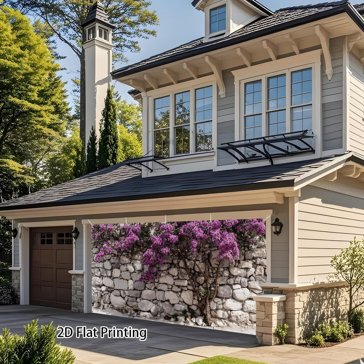 Garage Door Banner Cover 6x13 ft (Bougainvillea on a Stone Wall)