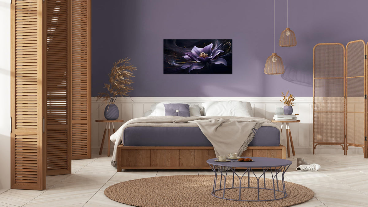 1 Panel Wall Art Purple Canvas Wall Art Purple Flower with Black Swirls Print on Canvas Flower Picture for Bedroom Home Decor Living Room Stretched and Framed 12x24 inch (24"L x 12"W / Purple Flower 5)