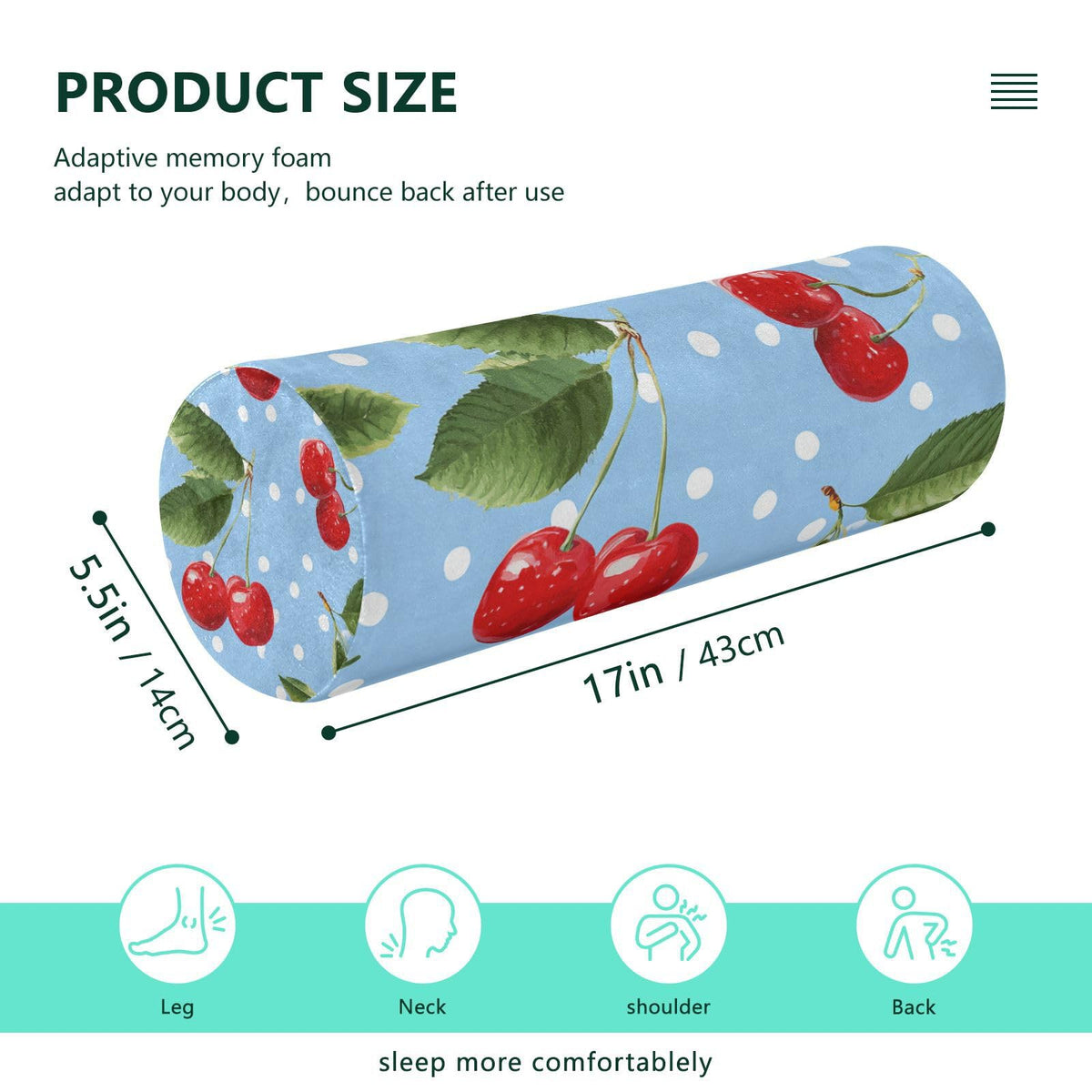 Light Blue Dots Red Cherry Neck Roll Pillow Bolster Round Health Memory Foam Long Cervical Cylinder Pillows with Removable Washable Cover for Body Bed Legs Back Yoga (Light Blue Dots Red Cherry)