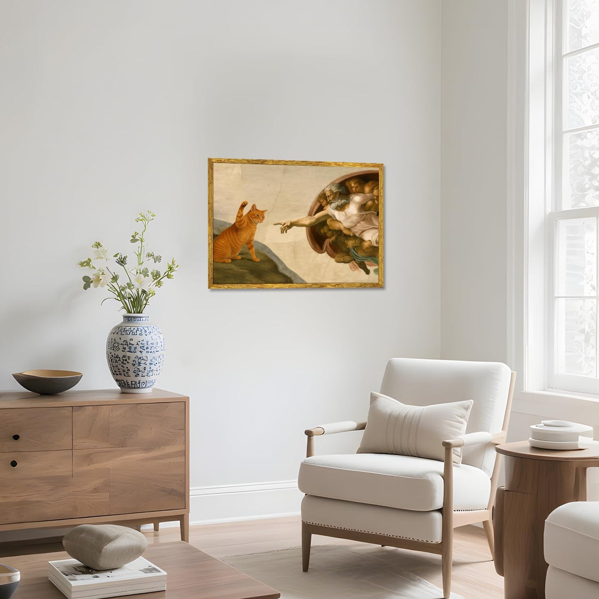 Gold Framed Funny Cat Creation of Adam Canvas Wall Art Classic Renaissance Parody Poster Painting Prints Humorous God and Animal Paw Picture Artwork for Home Bedroom Decor Pet Lover 16x24inch (16"L x 24"W / Cat - Gold Frame)