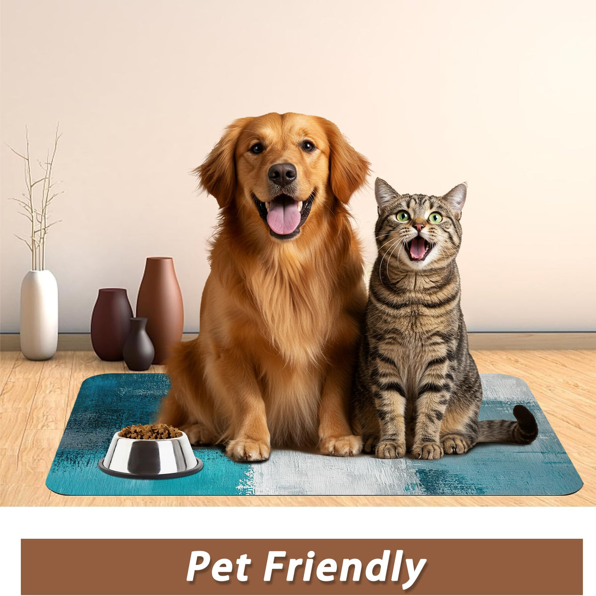 Turquoise Grey Dog Cat Food Mat (20"L x 20"W / Turquoise Grey Teal Modern Art)