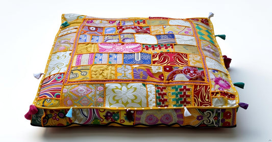 Handmade Square Yellow Patchwork Pouf Cover 35 Inch Ottoman Cover Embroidered Cotton Floor Cushion Cover Boho Indian Decorative Floor Pillow Meditation Cushion for Living Room Bedroom (35"D x 35"W x 5"H / Yellow)