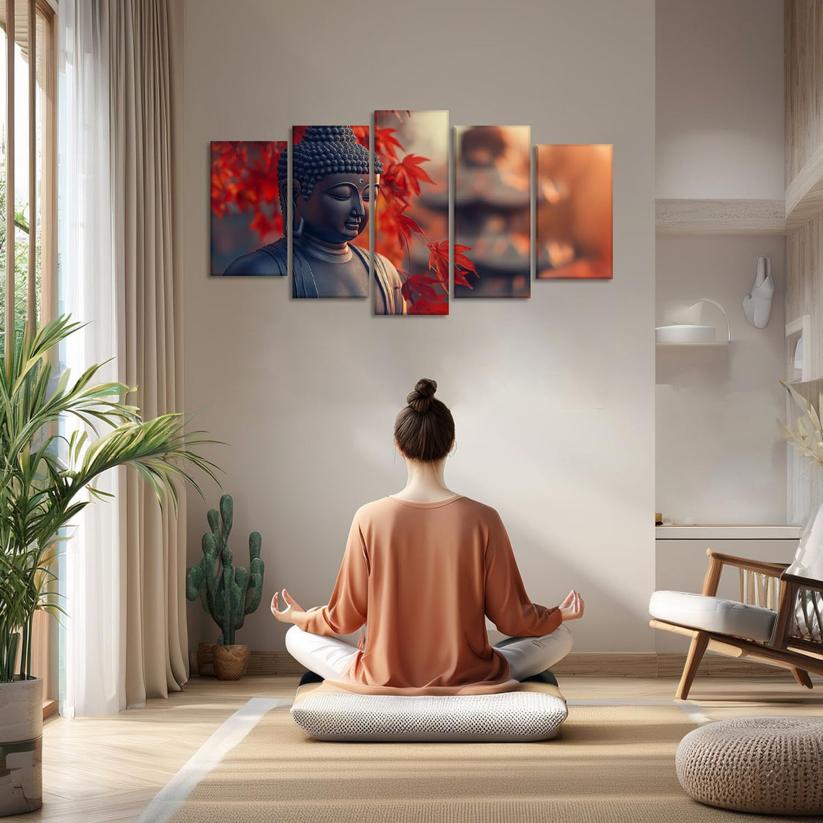 Buddha Canvas Wall Art 5 Piece Zen Wall Decor Buddhism Meditation Picture Red Leaf Prints for Yoga Spa Spiritual Room Bathroom Home Decor Framed (80x40 inch / Picture-4)