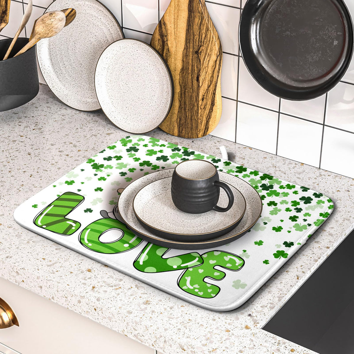 St Patrick's Day Gnomes Love Dish Drying Mat for Kitchen Counter (Gnomes Love / 16" x 18")