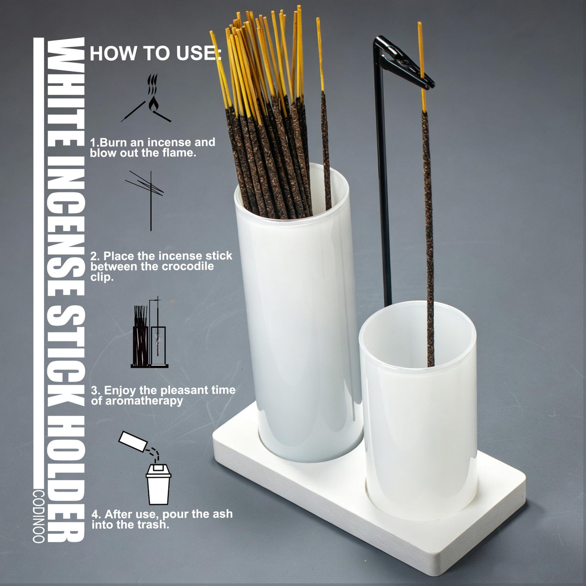 2 in 1 Incense Holder for Sticks Incense Burner Holder with Storage (All White / 1 tall 1 short glass)