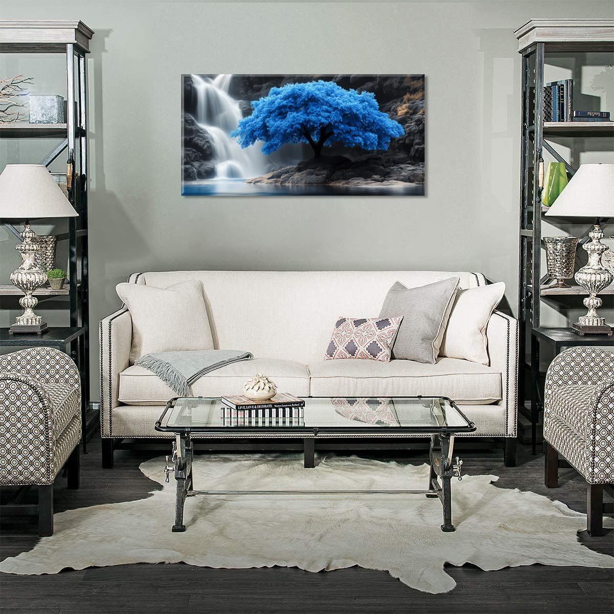 Navy Blue Tree Scenery Wall Art for Living Room Office Waterfall Landscape Art Deco Black and White Scenic Painting Prints Nature Canvas Artwork Over the Couch Bedroom Decor Extra Large (58"L x 28"W / Navy Blue Tree Wall Art (K868))