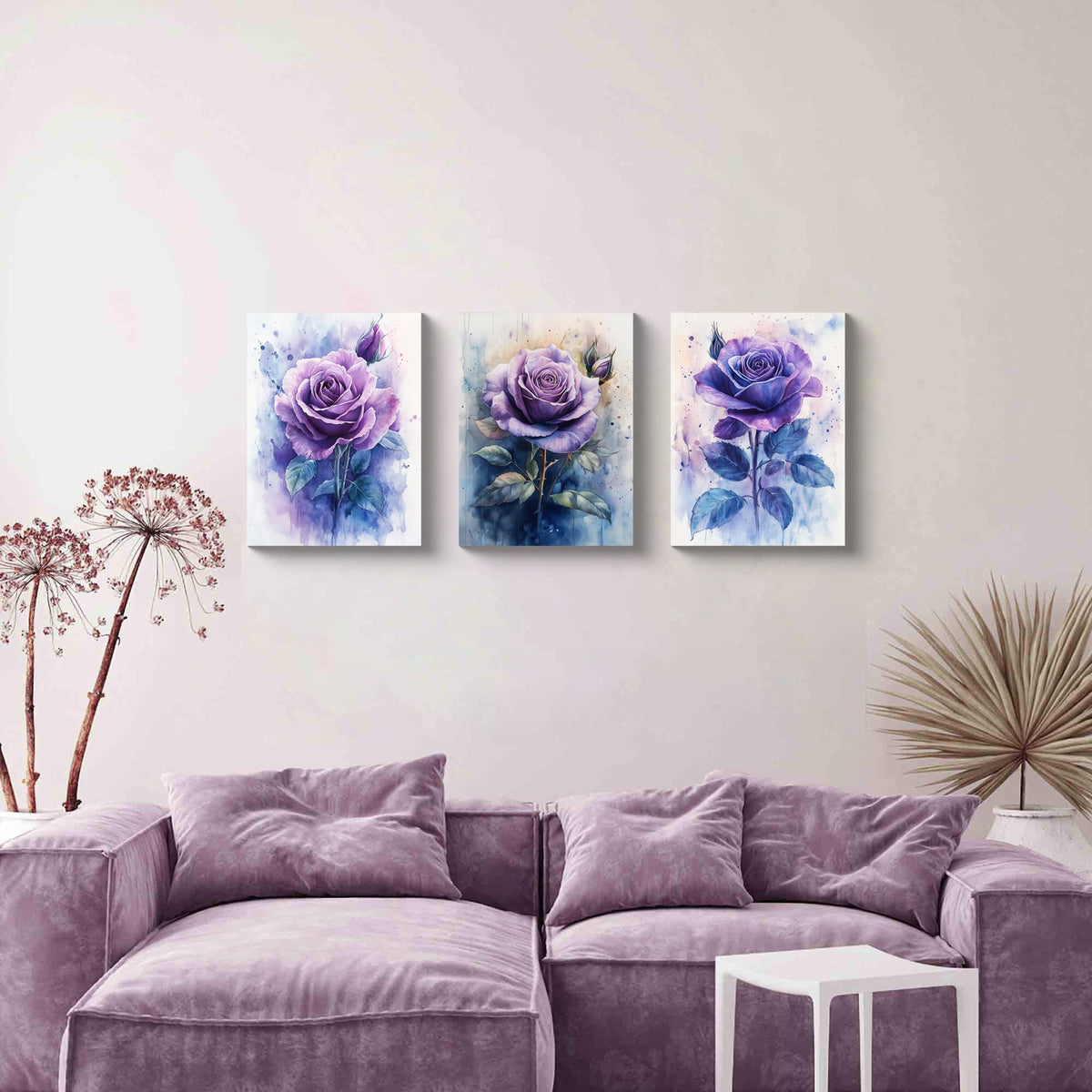 3PCS Purple Rose Watercolor Canvas Wall Art Floral Botanical Violet Flower Bloom Romantic Modern Home Decor for Bedroom Living Room Bathroom or Office Artistic Garden Style Wall Decoration (16"L x 12"W / Purple Rose-1)