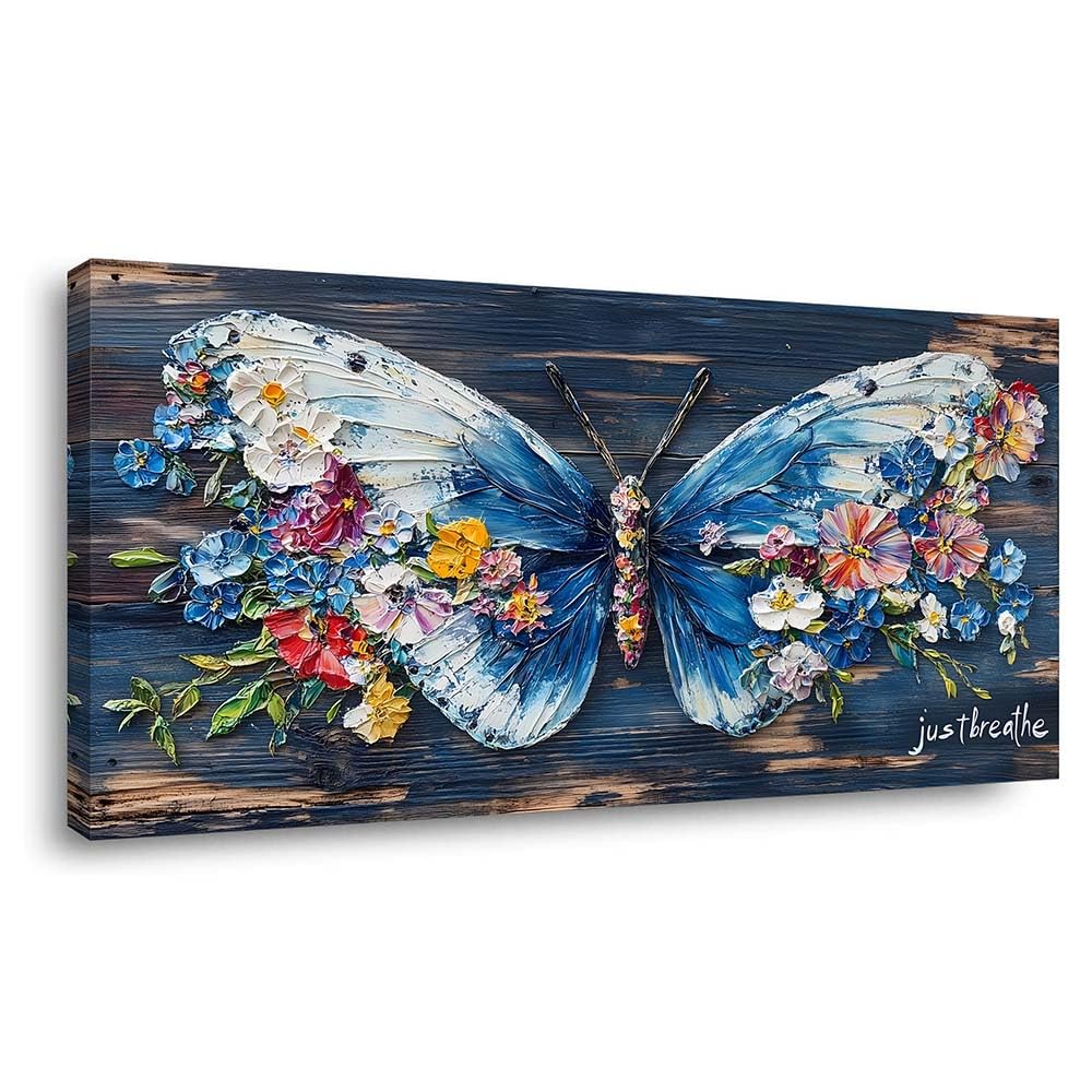 Blue Floral Butterfly Canvas Wall Art Just Breathe Inspirational Quote Painting Print Gallery Wrapped Rustic Wood Artwork for Living Room Bedroom Bathroom Decor (Wildlife / White Butterfly Flowers 4 / 40"L x 20"W)