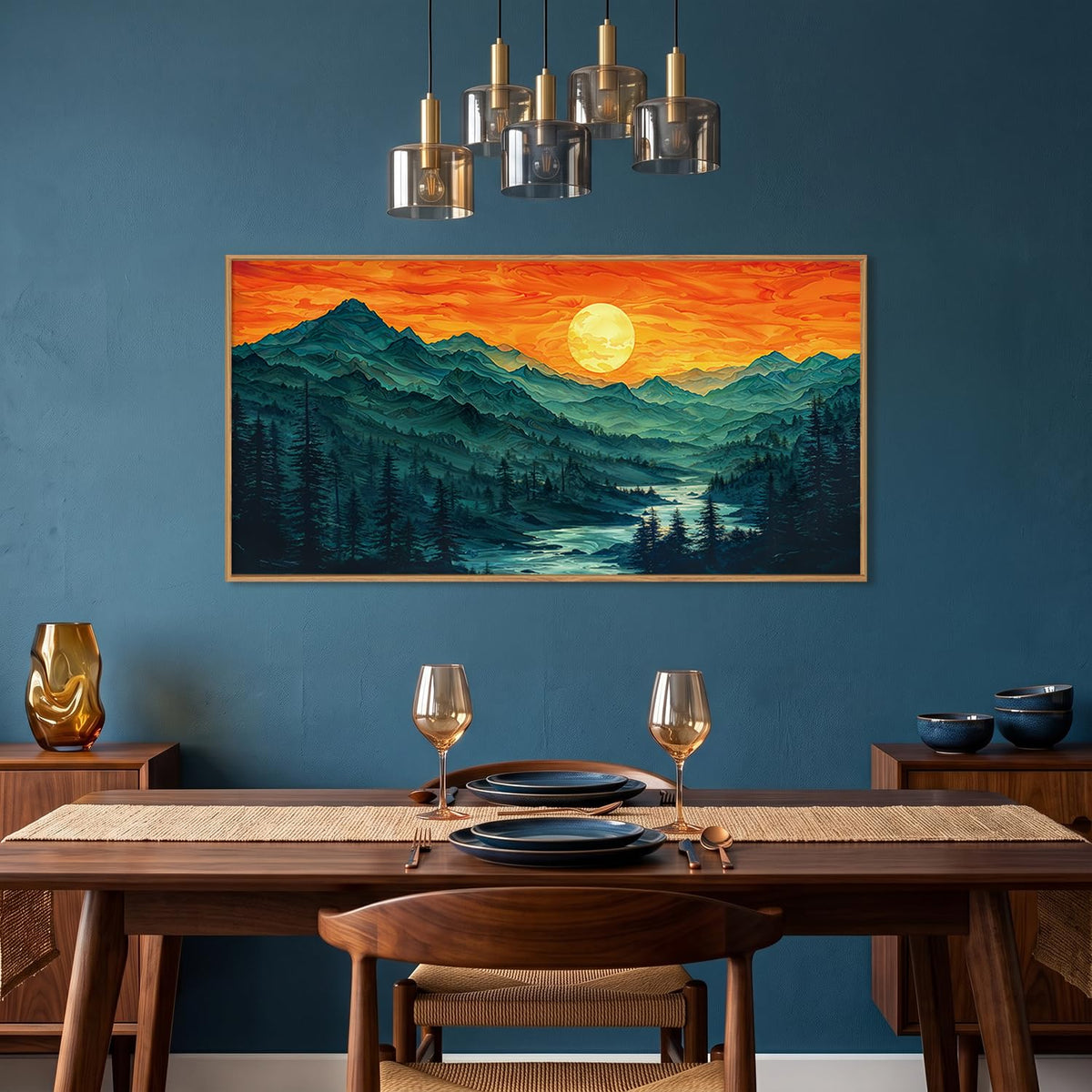 Boho Mountain Sunset Landscape Framed Canvas Wall Art (Woodland Wall Art / 40"L x 20"W)