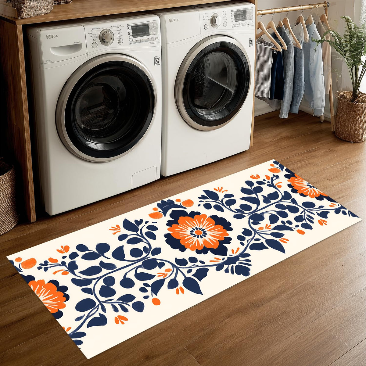 Orange & Navy Floral Laundry Room Rug 20x47 Inch (#85)