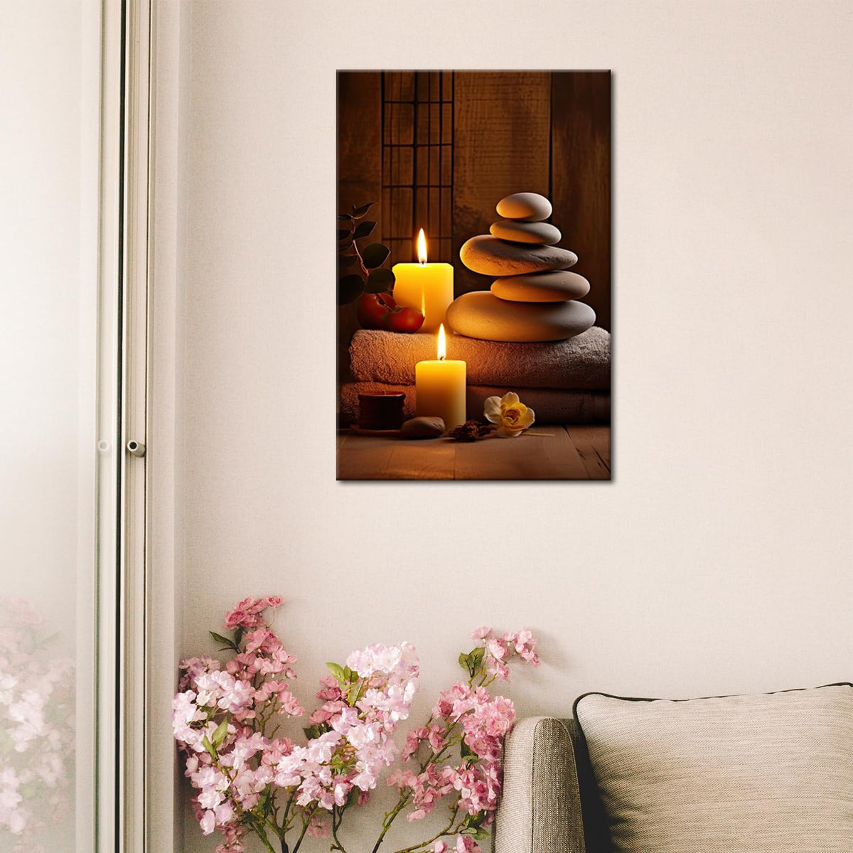 Zen Spa Wall Art Meditation Room Wall Decor Massage Stones with Atmospheric Candles Relax (Zen-03 / 24"L x 16"W)