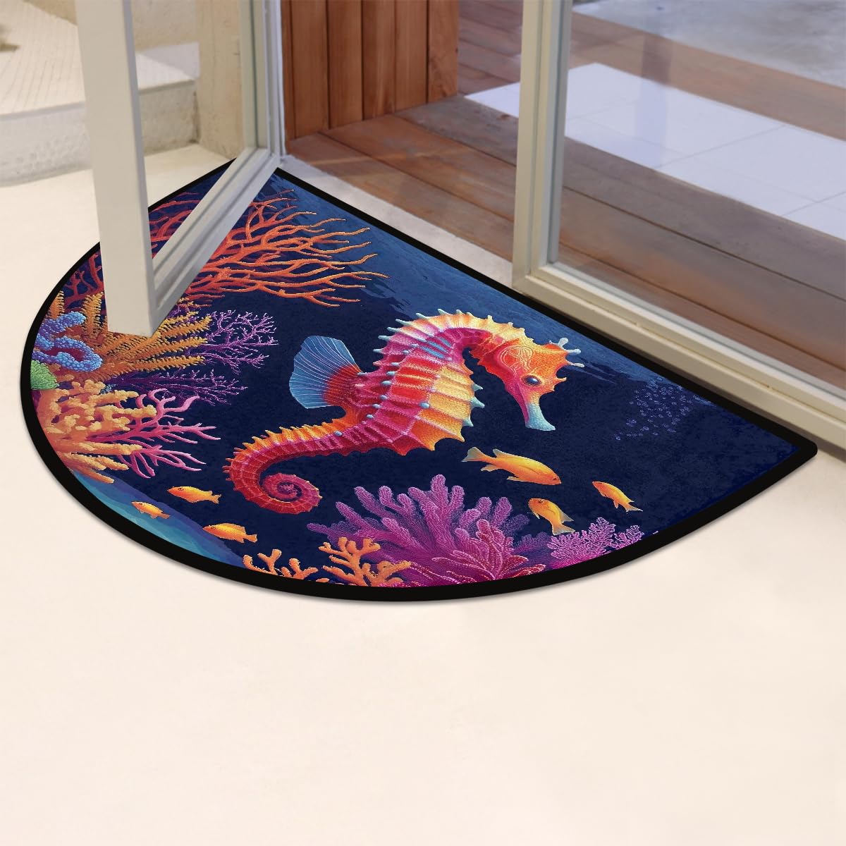 Seahorse Colorful Half Round Door Mat Non Slip Washable Semi Circle Area Rug Absorbent Soft Half Moon Rug Floor Mat for Indoor Outdoor Kitchen Bathroom Patio Front Door Mat Decor (Z10)