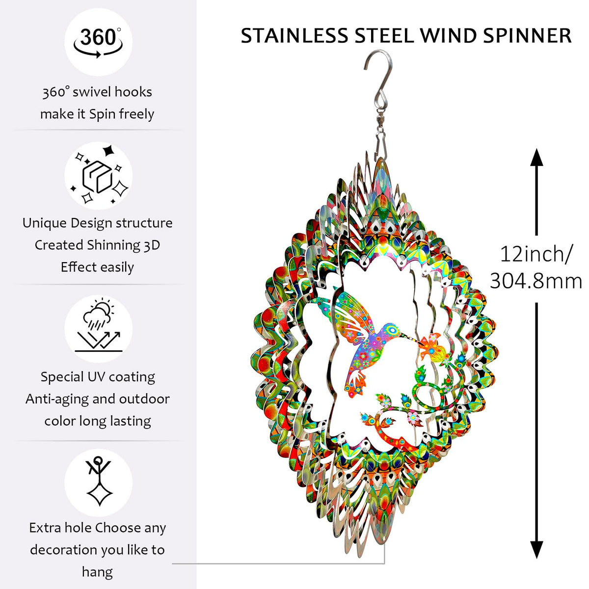 Hummingbird Wind Spinner for Yard and Garden (12in / 009-1green Multi Color-1hummingbird)