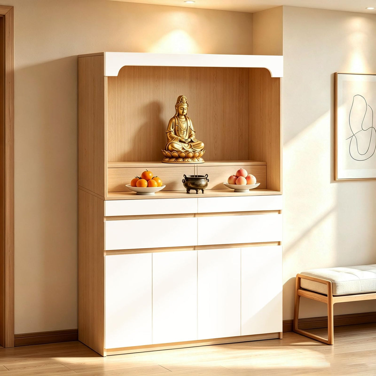 Altar Table Pooja Cabinet with Drawers and Storage Cabinets (39.4×15.7×65.4in / White + Natural Wood)