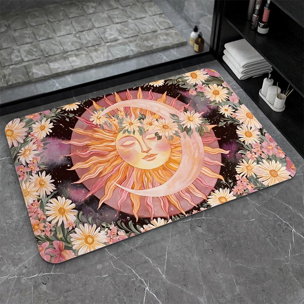 Bath Mat Bathroom Rug (Pink Flowers Sun Moon / 20 x 31 inches)