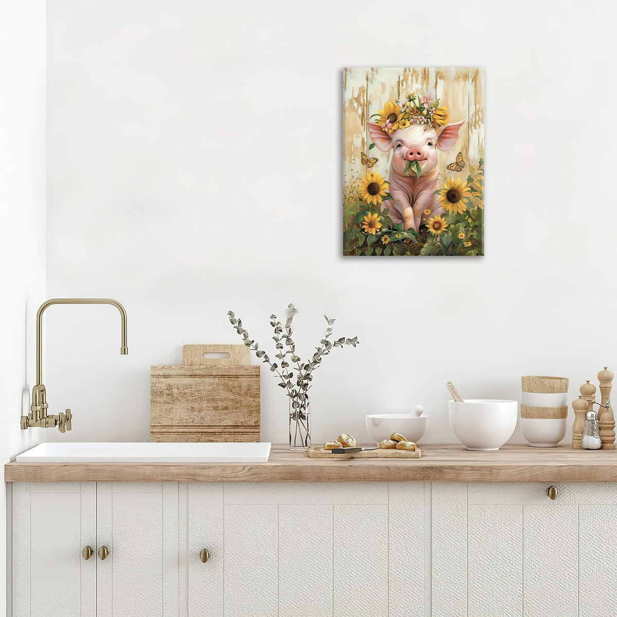 Pig Canvas Wall Art Farmhouse Animal Print Painting Framed ArtWork 12"x16" (Pig Sunflower / 16"L x 12"W)