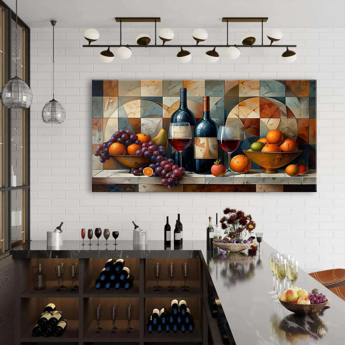 Geometric Kitchen Wall Art Abstract Wine Canvas Prints Red Wine Glass and Fruit Pictures Rustic Farmhouse Still Life Painting Wine Bar Decor for Dining Room Restaurant Home Decorations 30x60 (60"L x 30"W / Abstract Kitchen)