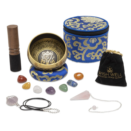 4" Tibetan Singing Bowl Set with 7 Chakra Stones & Pendulum (Gold Set with Case + Chakra Stones + Pendulum)