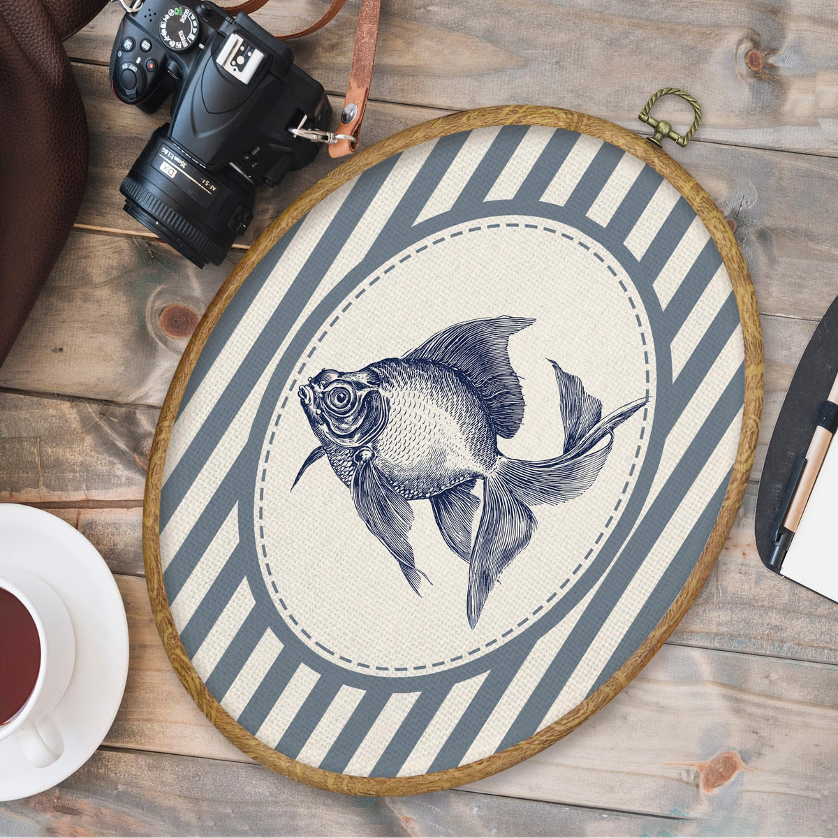 Blue Goldfish Fish Oval Wall Art Decor (Color055)
