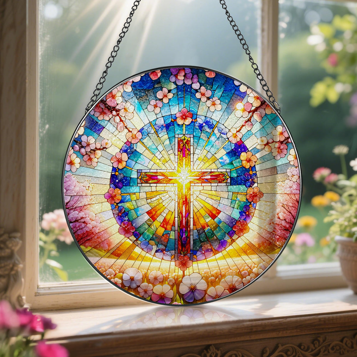 8 Inches Cross Stained Glass Suncatcher (Cross-b)
